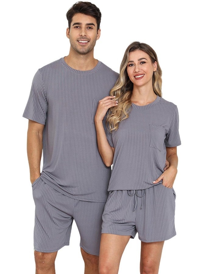 EISHOPEER Ribbed Knit 2 Piece Lounge Sets Short Matching Outfits Loungewear Pajamas Sleepwear Sweatsuit Tracksuit Grey Medium - Image 1